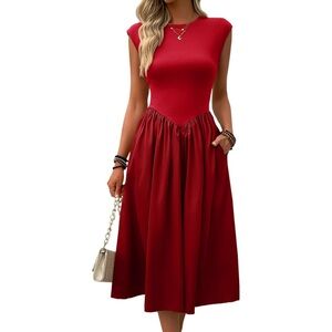 Imily Bela Womens Casual Cap Sleeve Midi Dress Crewneck Swing Flowy Empire Waist